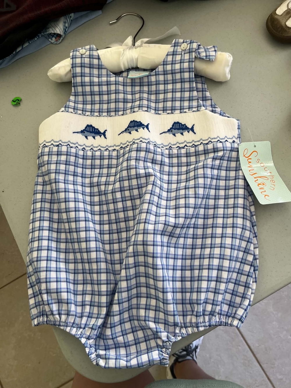 Sassy Stich NEW Blue Plaid Smocked Baby Romper with Fish Embroidery Size 2t